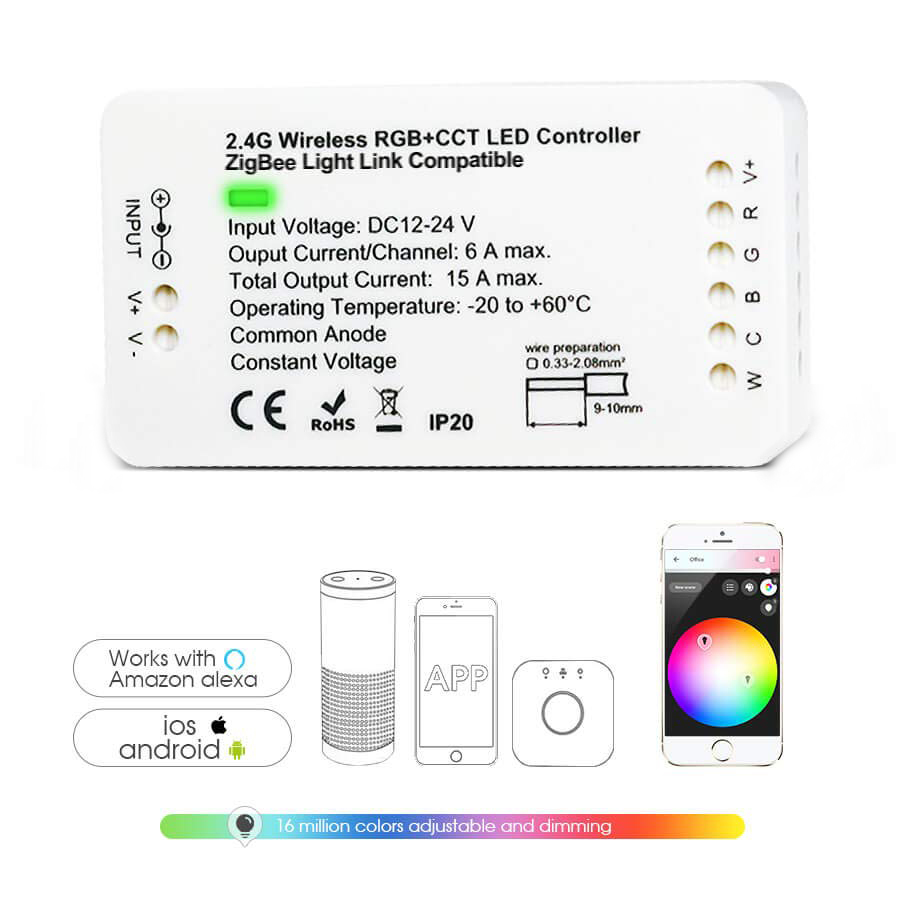 DC12-24V Zigbee RGBCCT Strip Controller Compatible with Amazon Alexa and Voice Smartphone APP Control